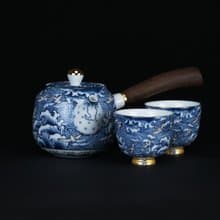 黑檀木手握壺海浪奔翔 青花瓷 茶具組│母親節禮盒│畢業禮物