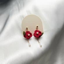 【原創手作】希望の緋紅 耳環 耳針 耳夾 立體 鉤針 微鉤 花朵 花