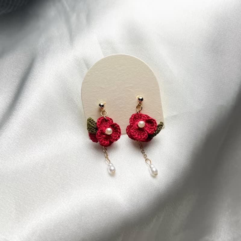 【原創手作】希望の緋紅 耳環 耳針 耳夾 立體 鉤針 微鉤 花朵 花