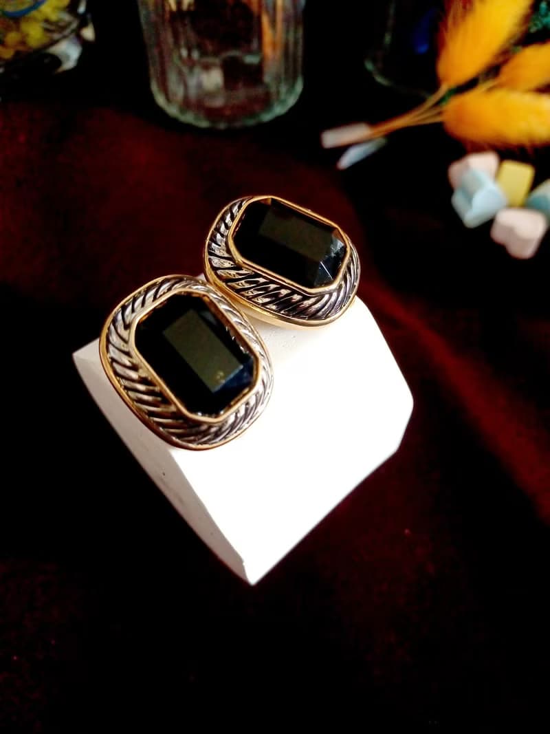vintage jewelry  華麗貴氣立體黑石 夾式耳環