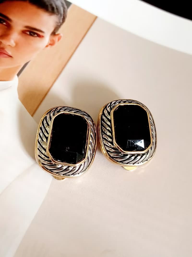 vintage jewelry  華麗貴氣立體黑石 夾式耳環