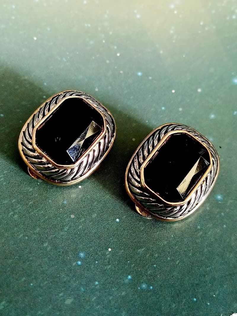 vintage jewelry  華麗貴氣立體黑石 夾式耳環