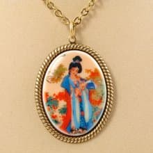 Geisha Porcelain Cameo Necklace Japanese Lady Oriantal Pendant Necklace Jewelry