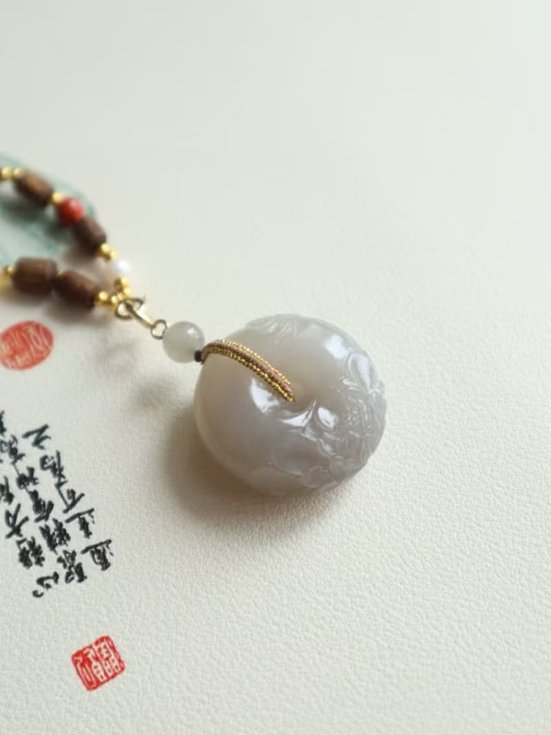 天然和田玉平安扣吊墜雕花面包圈吊墜飽滿厚實冰底煙紫料平安喜樂