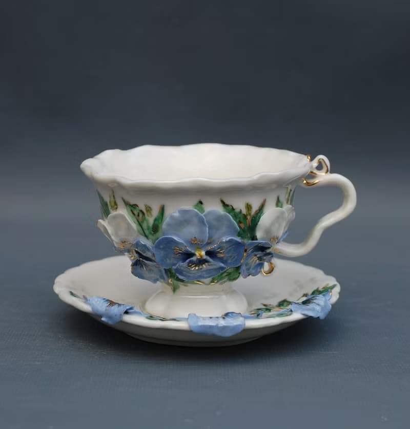 Pansies Cup and saucer Porcelain Flowers Tea Set Multicolored violets