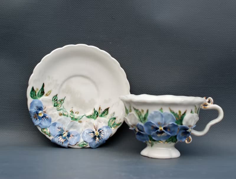 Pansies Cup and saucer Porcelain Flowers Tea Set Multicolored violets