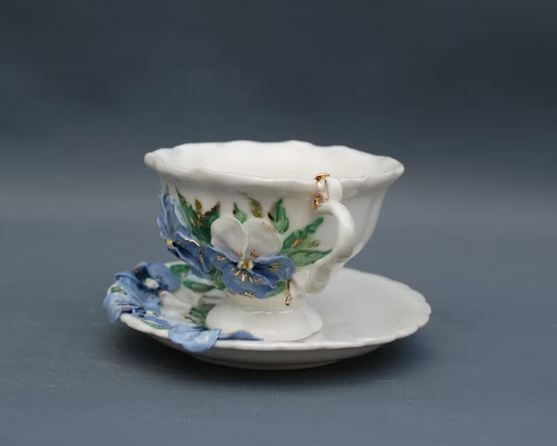 Pansies Cup and saucer Porcelain Flowers Tea Set Multicolored violets