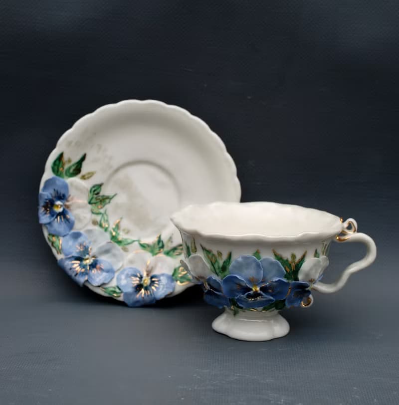 Pansies Cup and saucer Porcelain Flowers Tea Set Multicolored violets