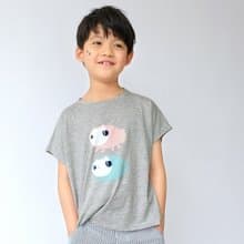 Kids Elio魚喵散步/兒童純棉Tshirt 落肩款 灰-中性版