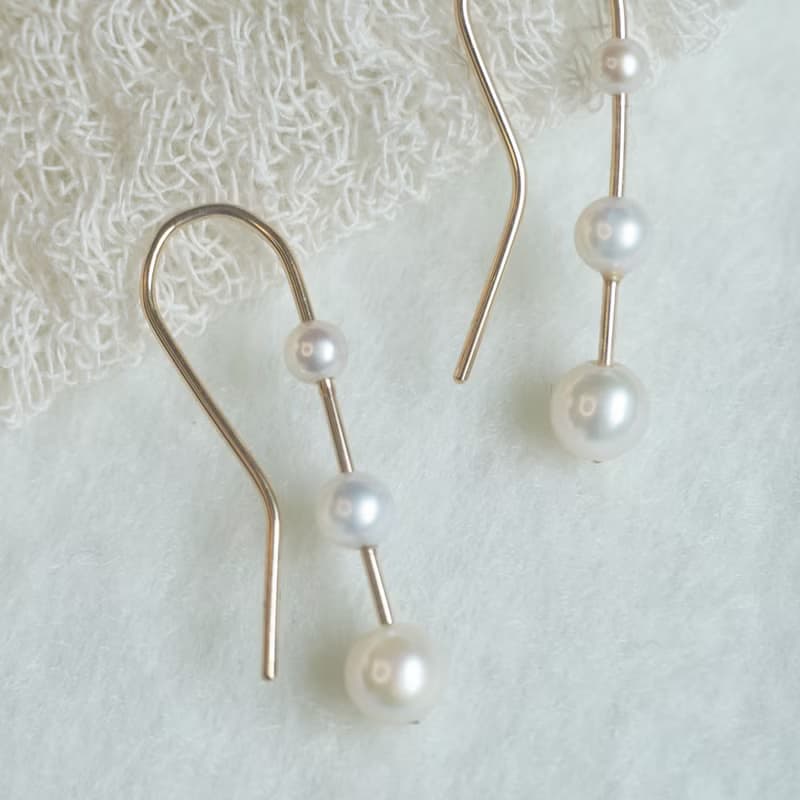 天然正圓淡水珍珠耳環  注金耳環 14Kgf Three Step Earrings