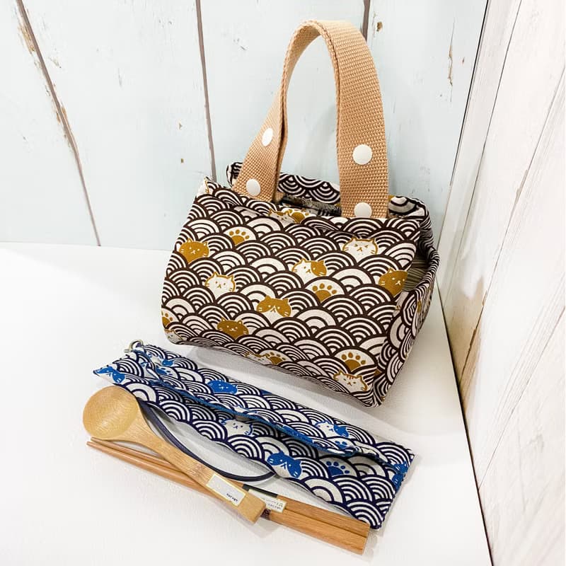 風呂敷保溫保冷袋 + 餐具筷套 (附餐具) (青海波貓貓組) 接單生產
