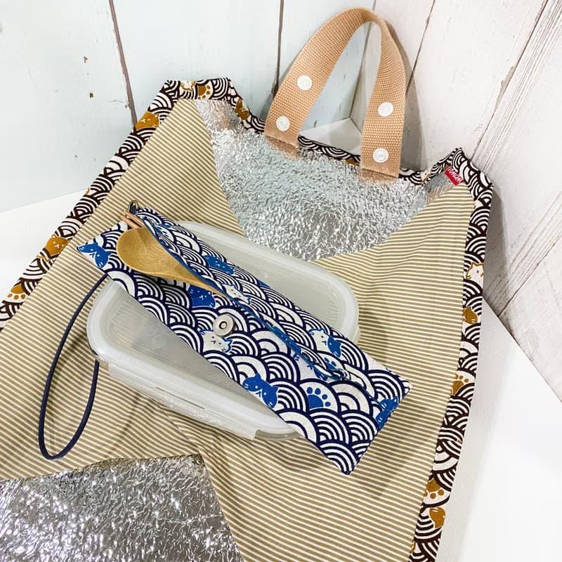 風呂敷保溫保冷袋 + 餐具筷套 (附餐具) (青海波貓貓組) 接單生產