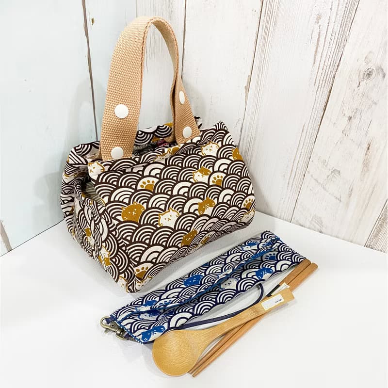 風呂敷保溫保冷袋 + 餐具筷套 (附餐具) (青海波貓貓組) 接單生產