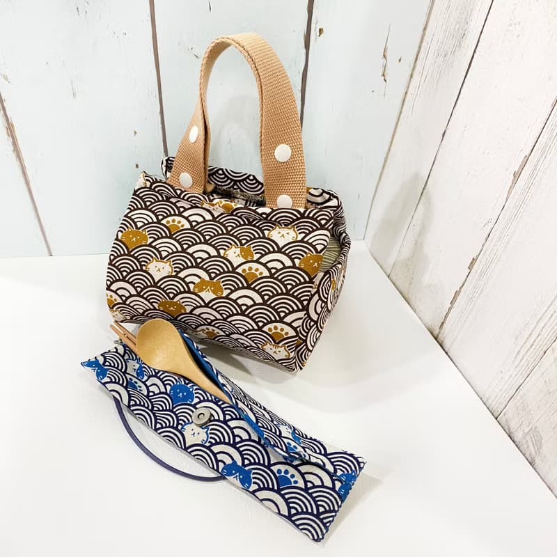 風呂敷保溫保冷袋 + 餐具筷套 (附餐具) (青海波貓貓組) 接單生產