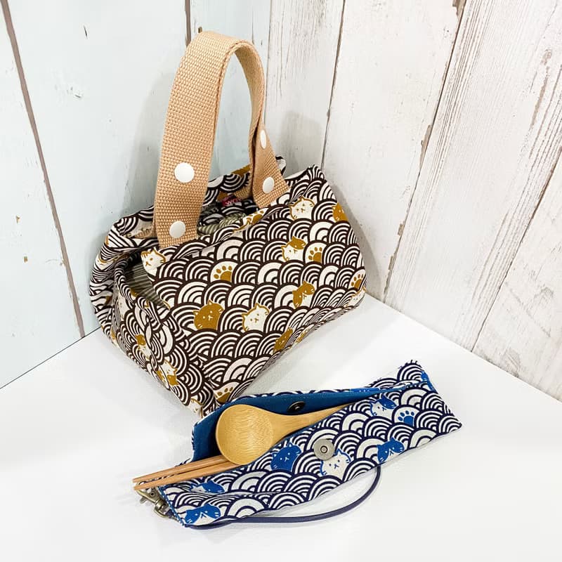 風呂敷保溫保冷袋 + 餐具筷套 (附餐具) (青海波貓貓組) 接單生產