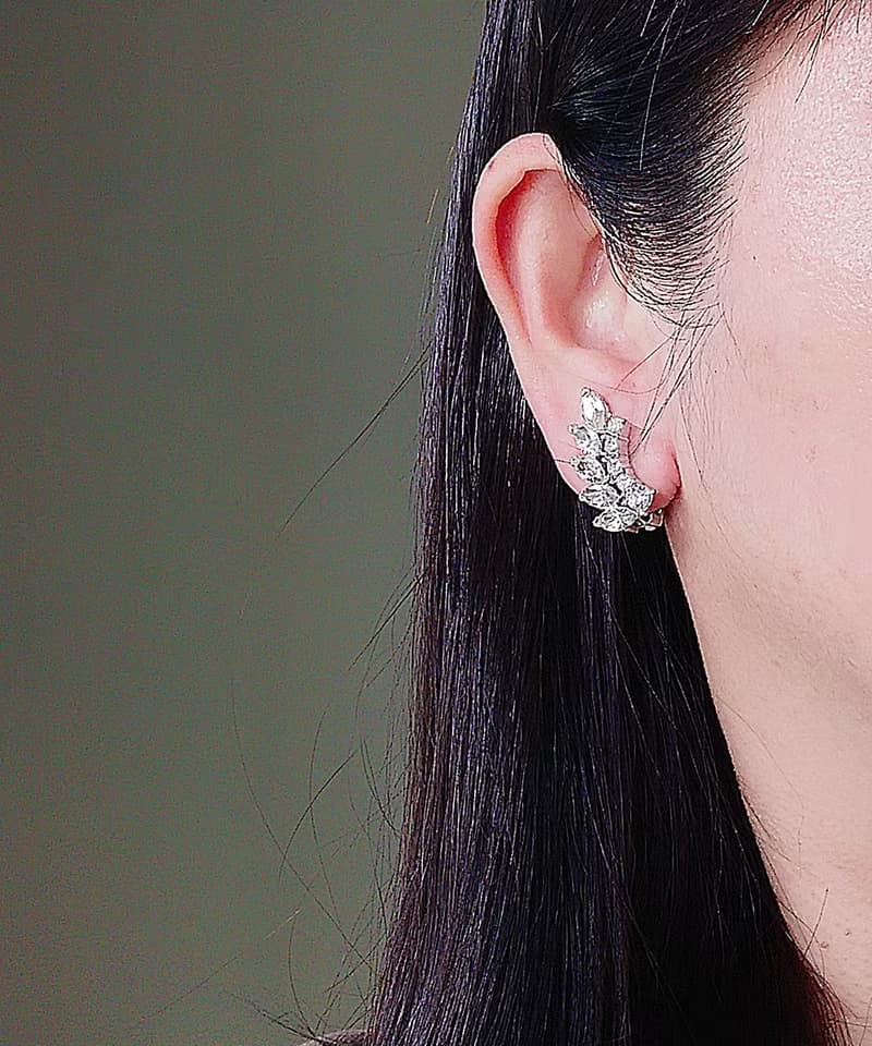 vintage jewelry  典雅葉形萊茵鑽 夾式耳環