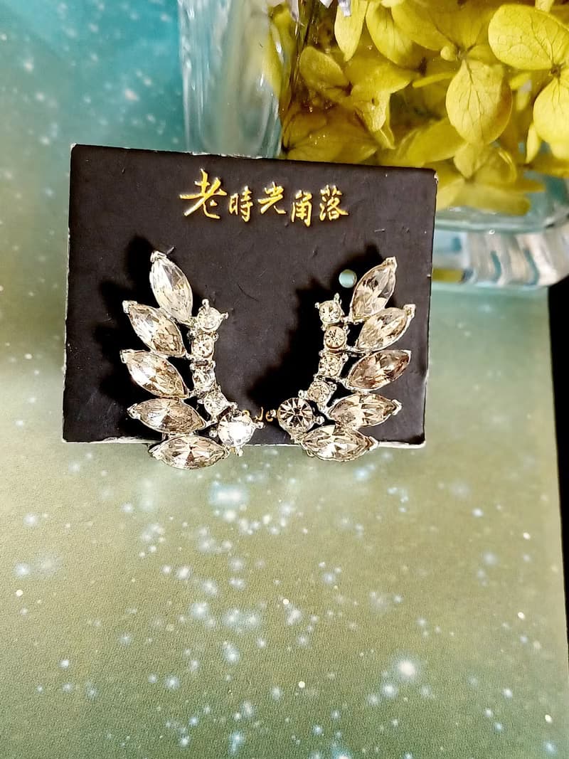 vintage jewelry  典雅葉形萊茵鑽 夾式耳環