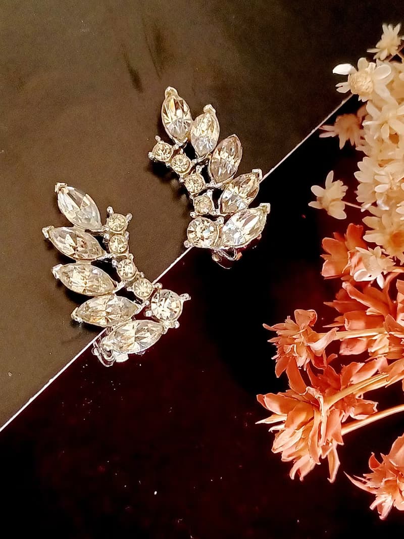 vintage jewelry  典雅葉形萊茵鑽 夾式耳環
