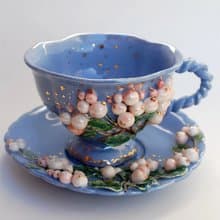 Snowberry cup and saucer set Blue white porcelain Beautiful handmade tea set Mug