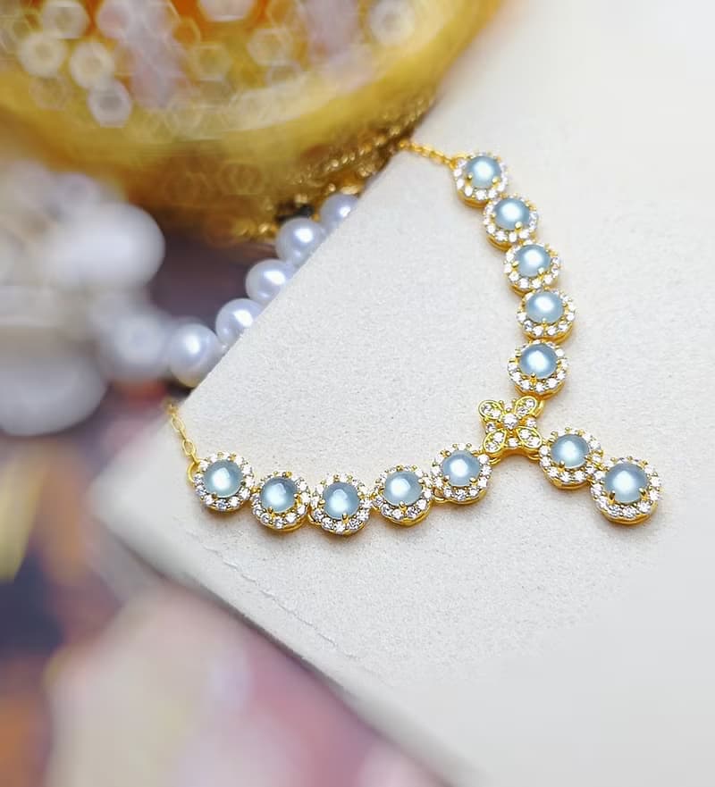 財水•奢華|夢幻藍剛蛋面|A貨翡翠純銀藍翡豪鑲款多顆項鏈