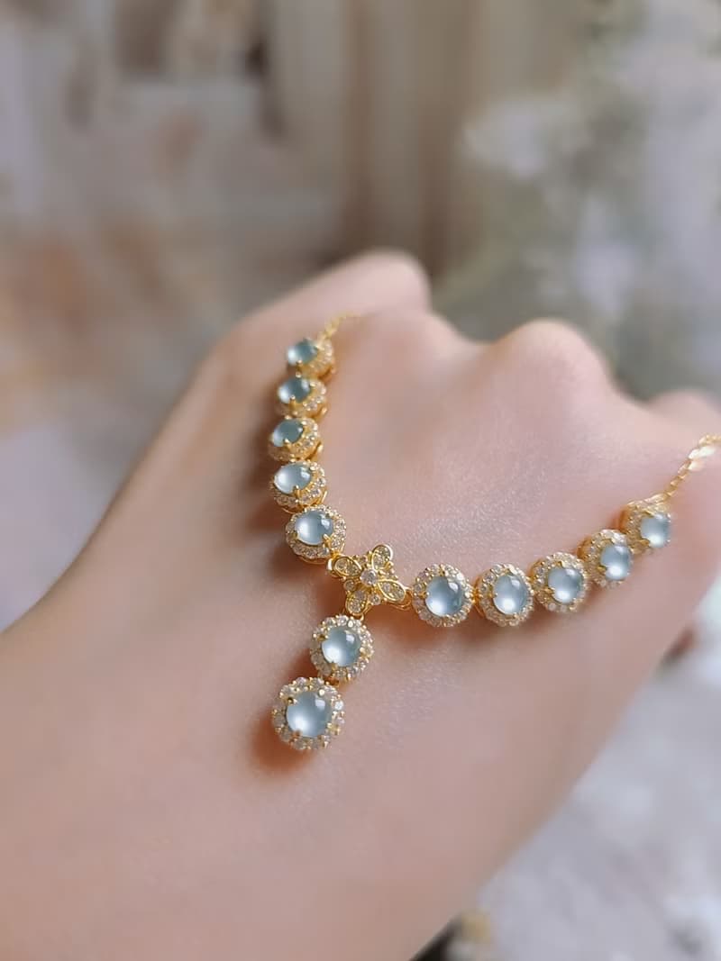 財水•奢華|夢幻藍剛蛋面|A貨翡翠純銀藍翡豪鑲款多顆項鏈