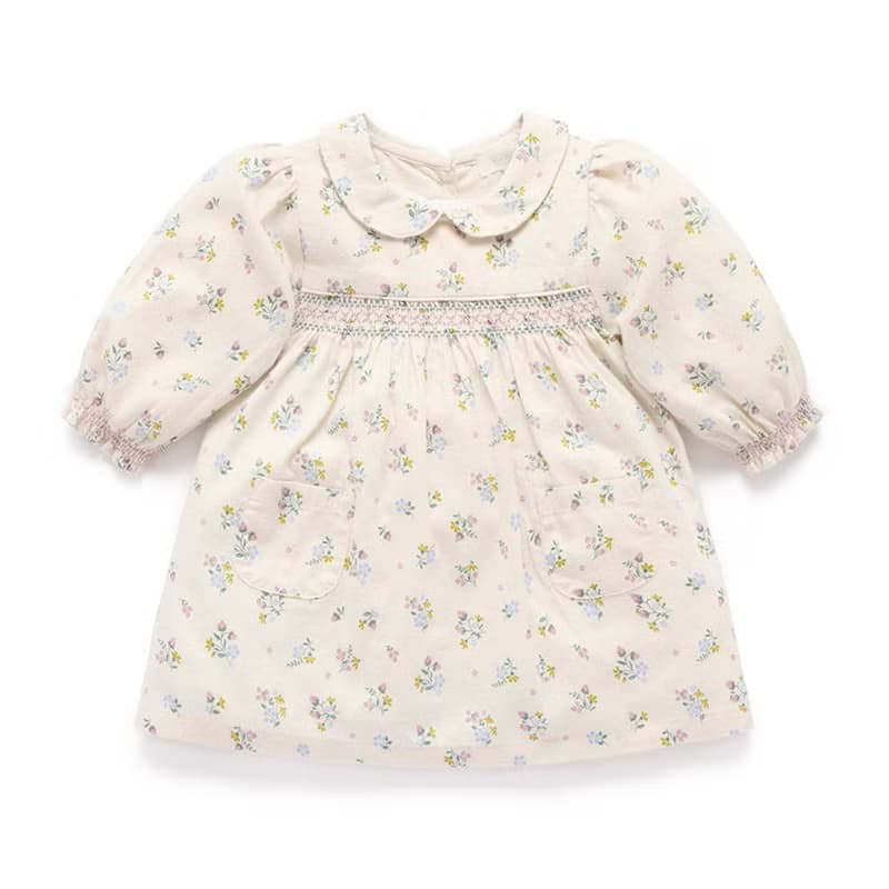 澳洲Purebaby有機棉女童長袖洋裝/童裝裙 12M-5T 米白草莓花