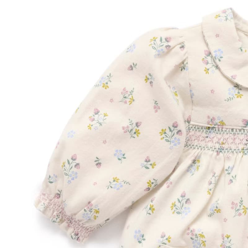 澳洲Purebaby有機棉女童長袖洋裝/童裝裙 12M-5T 米白草莓花