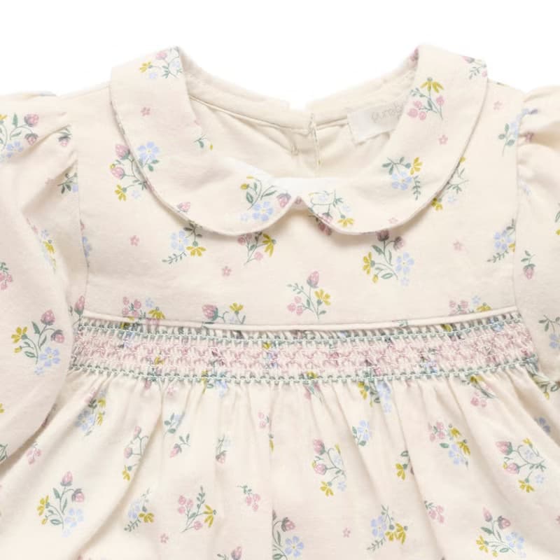 澳洲Purebaby有機棉女童長袖洋裝/童裝裙 12M-5T 米白草莓花