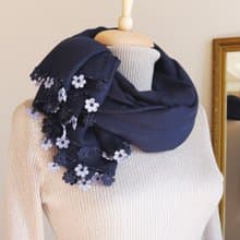 【受注製作】レースの花付き パシュミナストール【マリー】ネイビーブルー