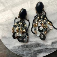 Vintage Black Glass Beads & Leather Tassel Statement Earrings
