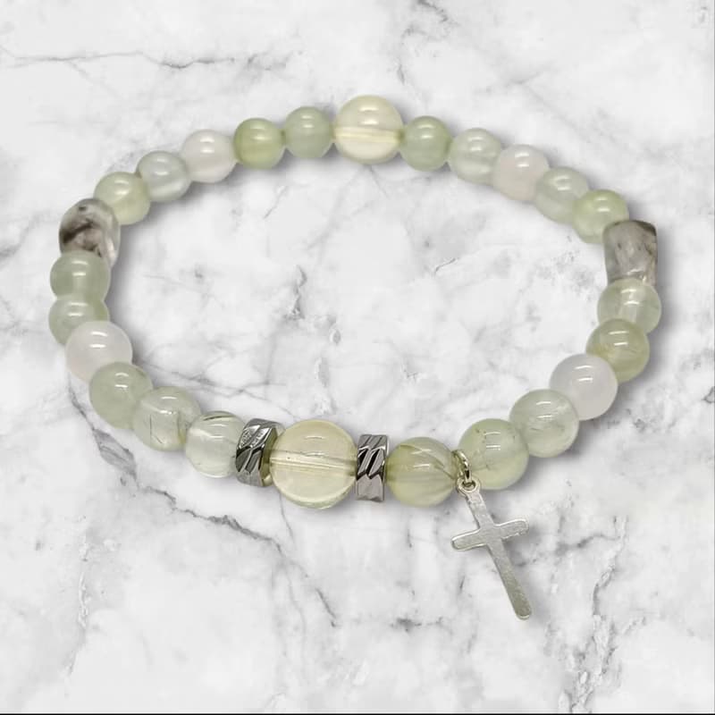 天然葡萄石 黃水晶 白瑪瑙 黑幽靈 925純銀十字架串珠手鍊/信仰