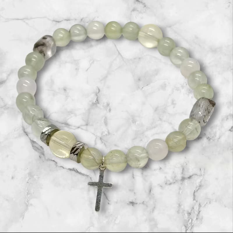 天然葡萄石 黃水晶 白瑪瑙 黑幽靈 925純銀十字架串珠手鍊/信仰