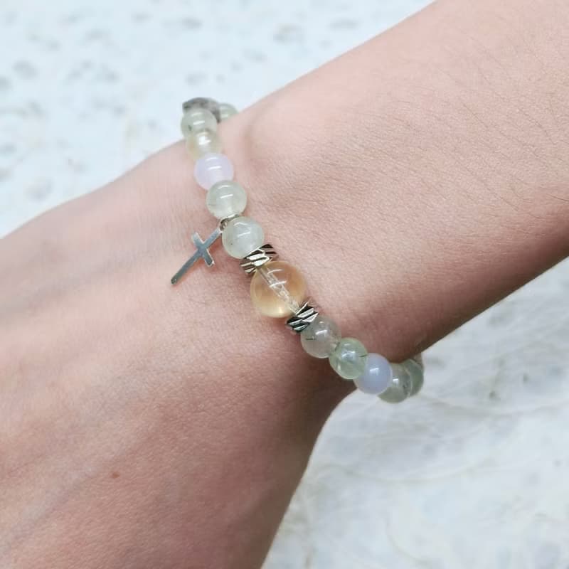 天然葡萄石 黃水晶 白瑪瑙 黑幽靈 925純銀十字架串珠手鍊/信仰