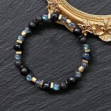 藍虎眼石 火山岩// 灰月光石//磨沙黑瑪瑙 椰殼 黃銅手鍊 保平安