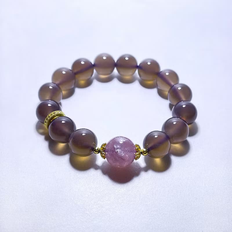 天然礦石 高等級煙紫瑪瑙 12 mm 粉祖母晶 手鍊