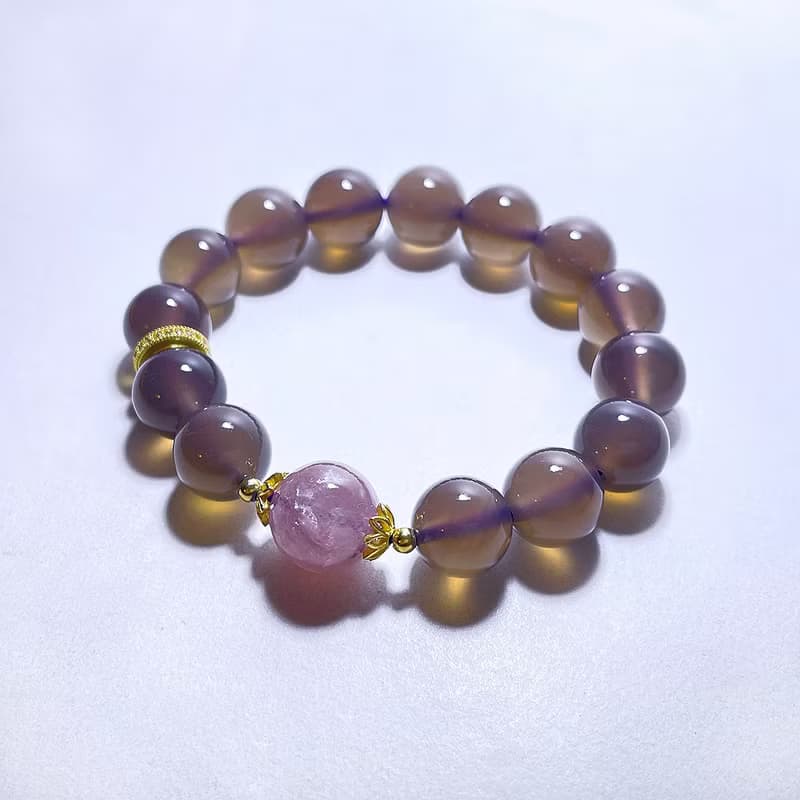 天然礦石 高等級煙紫瑪瑙 12 mm 粉祖母晶 手鍊