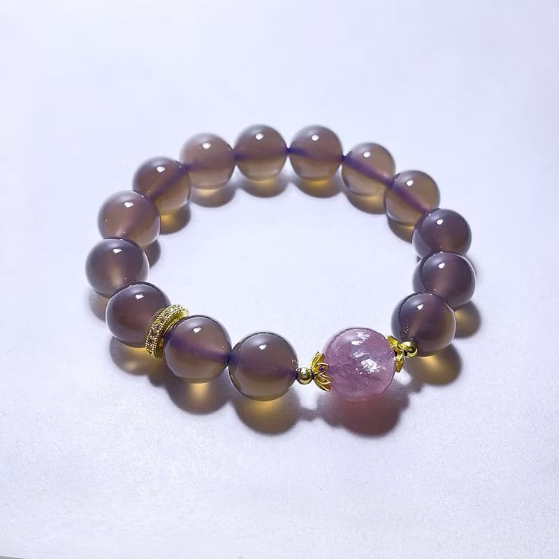 天然礦石 高等級煙紫瑪瑙 12 mm 粉祖母晶 手鍊