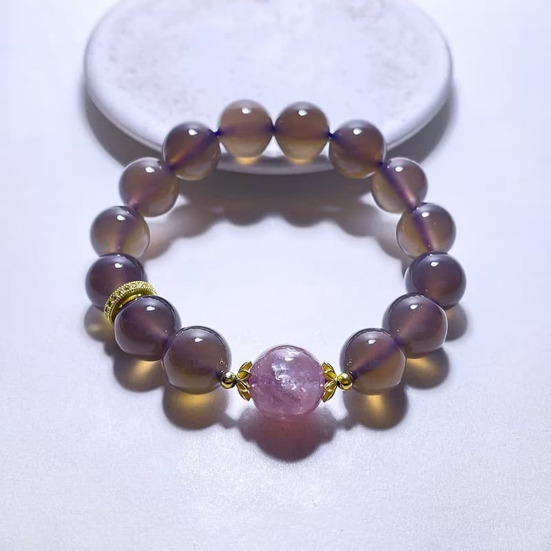 天然礦石 高等級煙紫瑪瑙 12 mm 粉祖母晶 手鍊