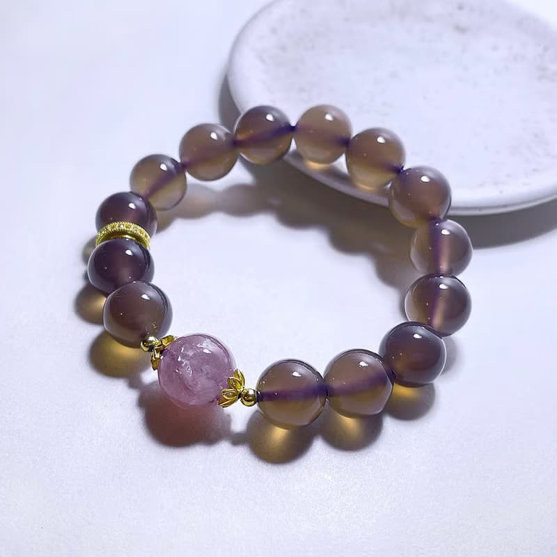 天然礦石 高等級煙紫瑪瑙 12 mm 粉祖母晶 手鍊