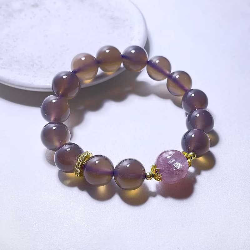 天然礦石 高等級煙紫瑪瑙 12 mm 粉祖母晶 手鍊