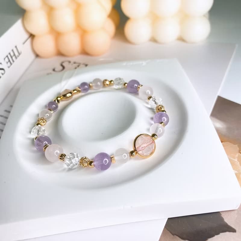 花眠 粉晶 薰衣草紫水晶 白水晶 天然石水晶彈性手鍊手環