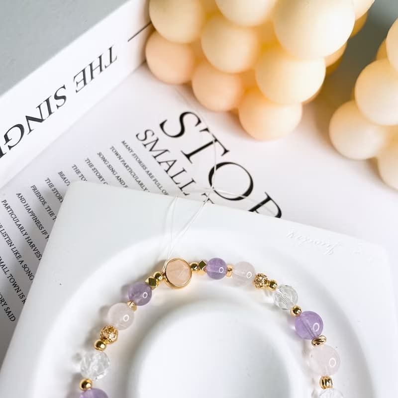 花眠 粉晶 薰衣草紫水晶 白水晶 天然石水晶彈性手鍊手環