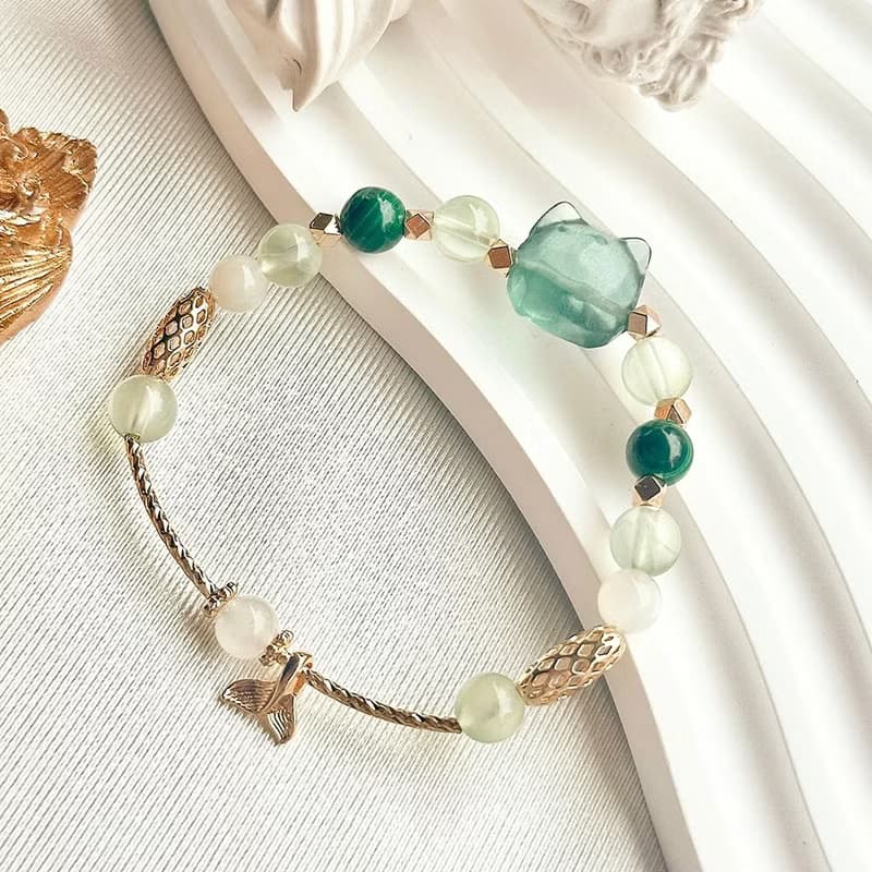 綠螢石貓貓手串 螢石手串 孔雀石 天然石手串 設計手串 葡萄石