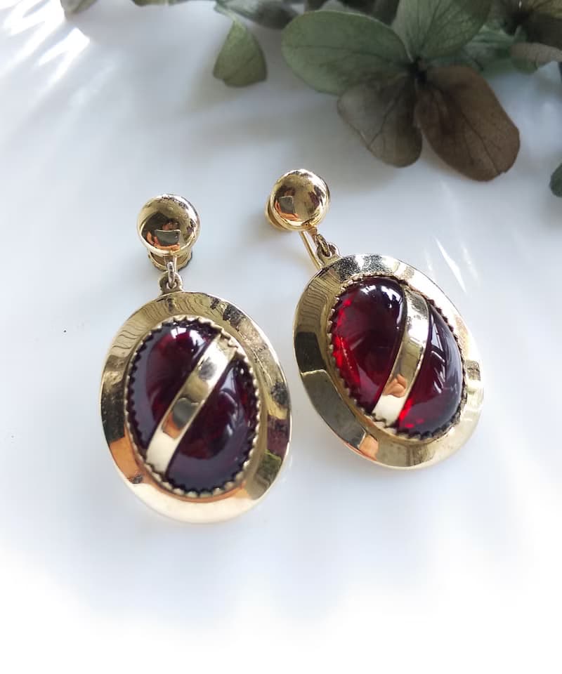 Vintage Jewelry 西洋古董飾品 垂墜 紅酒 紅色調 栓式耳環