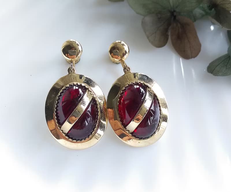 Vintage Jewelry 西洋古董飾品 垂墜 紅酒 紅色調 栓式耳環