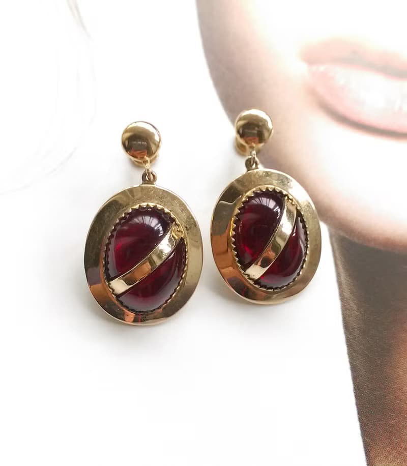 Vintage Jewelry 西洋古董飾品 垂墜 紅酒 紅色調 栓式耳環