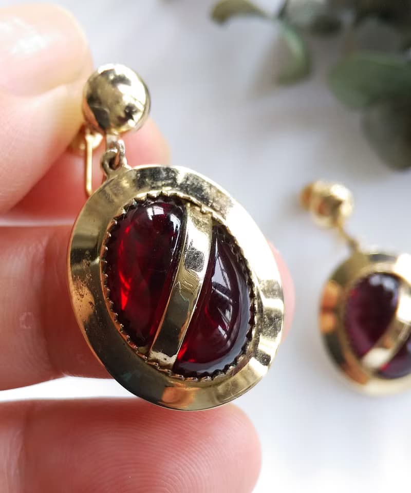 Vintage Jewelry 西洋古董飾品 垂墜 紅酒 紅色調 栓式耳環