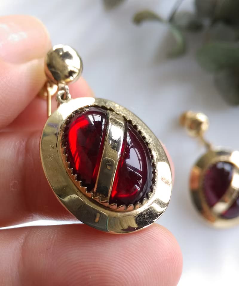Vintage Jewelry 西洋古董飾品 垂墜 紅酒 紅色調 栓式耳環