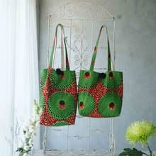 手作-夏日印花非洲布花大毛球托特側背包-草間迷幻綠