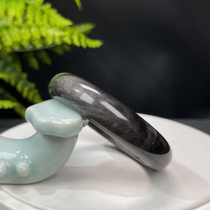 高品質 銀曜石手鐲 56+MM 玉化天眼銀色黑曜石手環 耀眼靈動平安